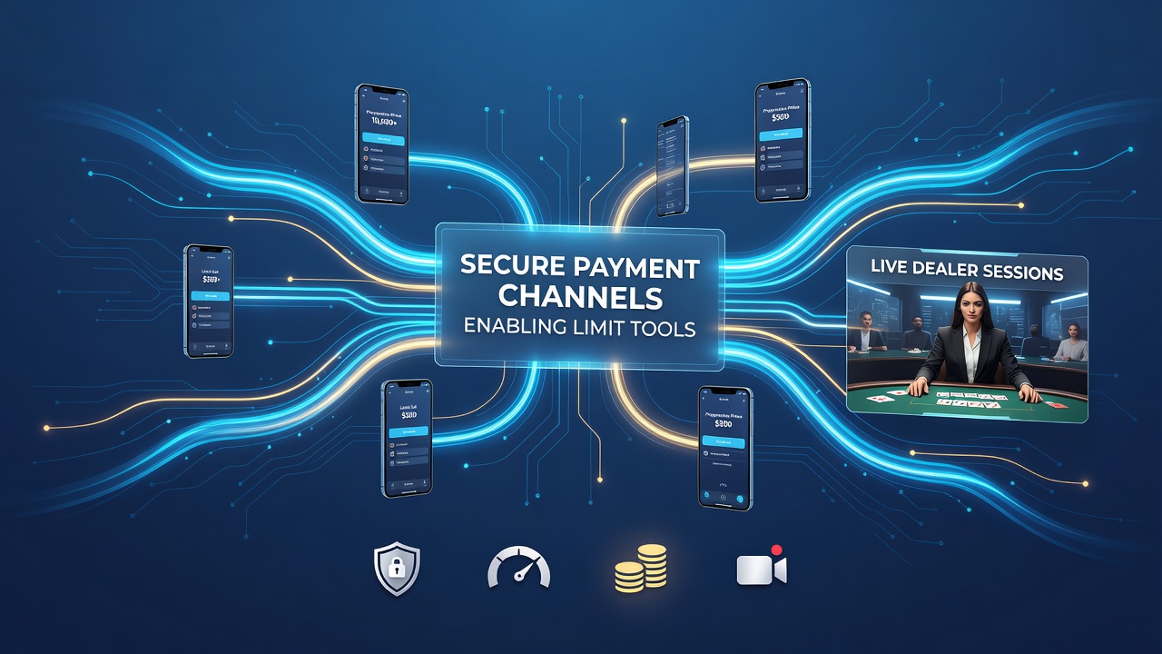 Live dealer studio setup with overlaid payment channel dashboards showing active limit indicators during mobile-linked sessions